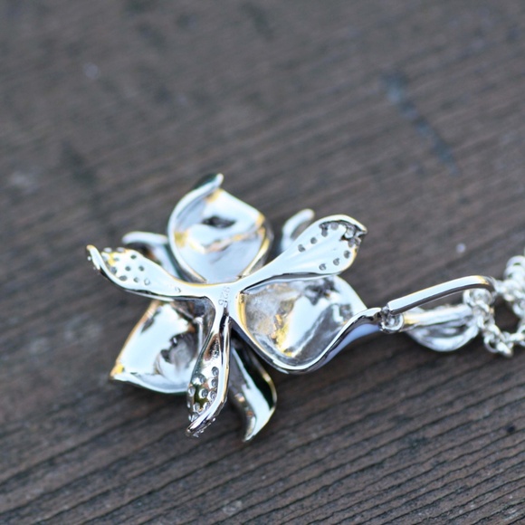 Teal Blue Green Orchid Flower Enamel Pendant Sterling Silver 925 - Picture 5 of 10